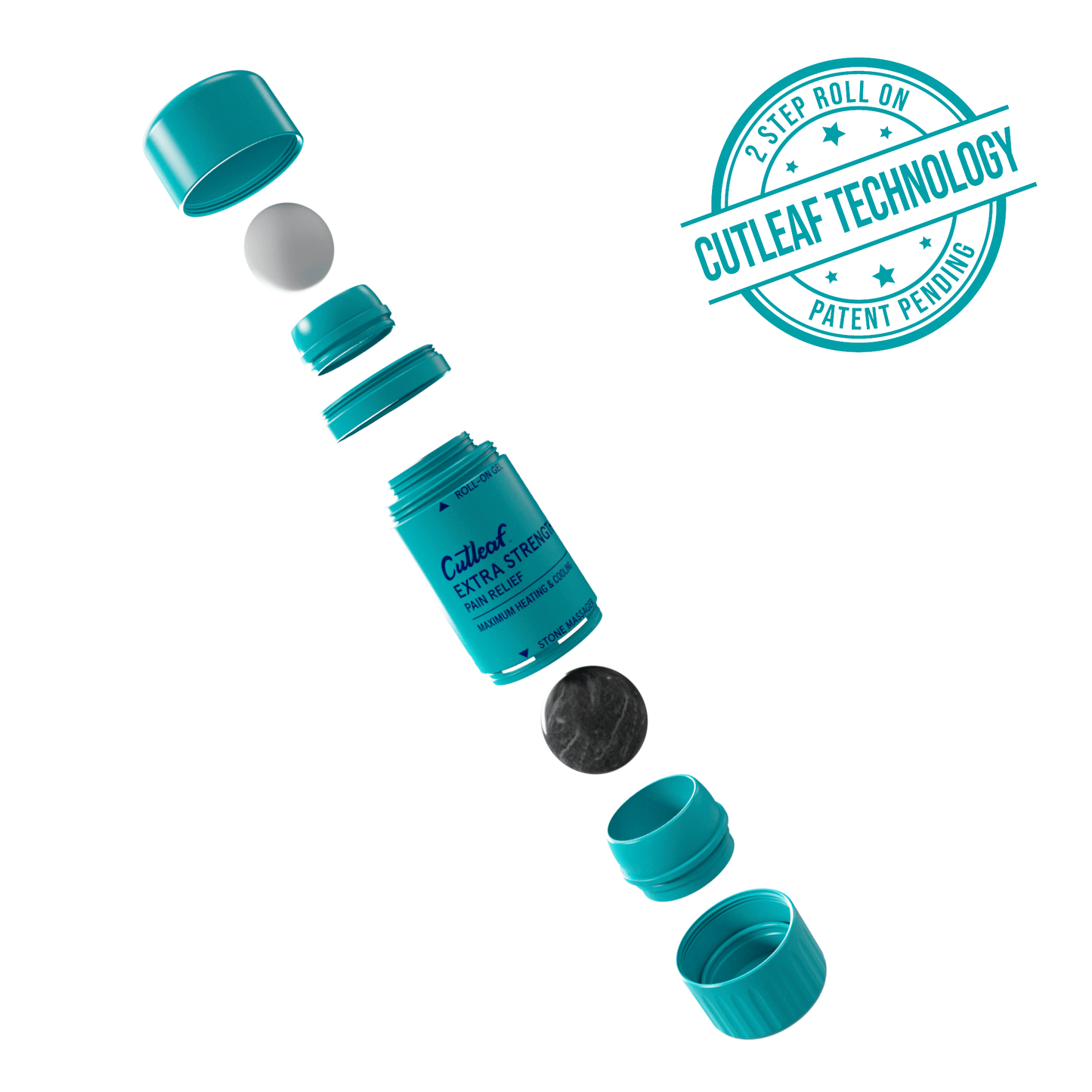 Green container of Cutleaf Extra Strength Roll-On Blend with a black lid and white seal